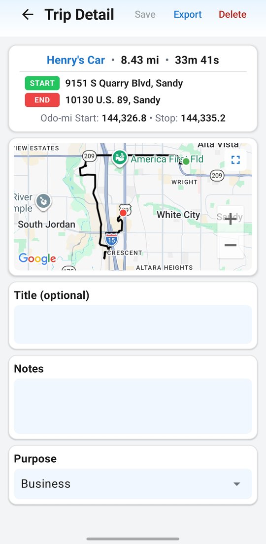 Trip detail screen showing start and end addresses, odometer readings, route map and business purpose for an IRS-compliant mileage log