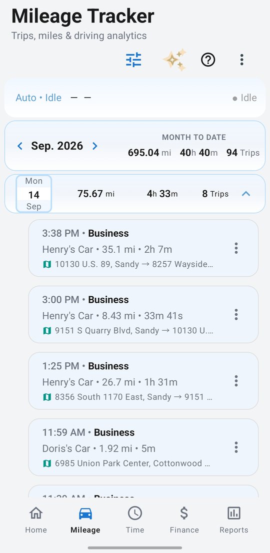 TrakMiles Pro mileage tracker app showing a day of automatically logged trips with times, distances and addresses